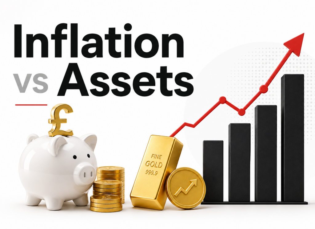 Inflation affecting different asset types including cash, equities and commodities over time.