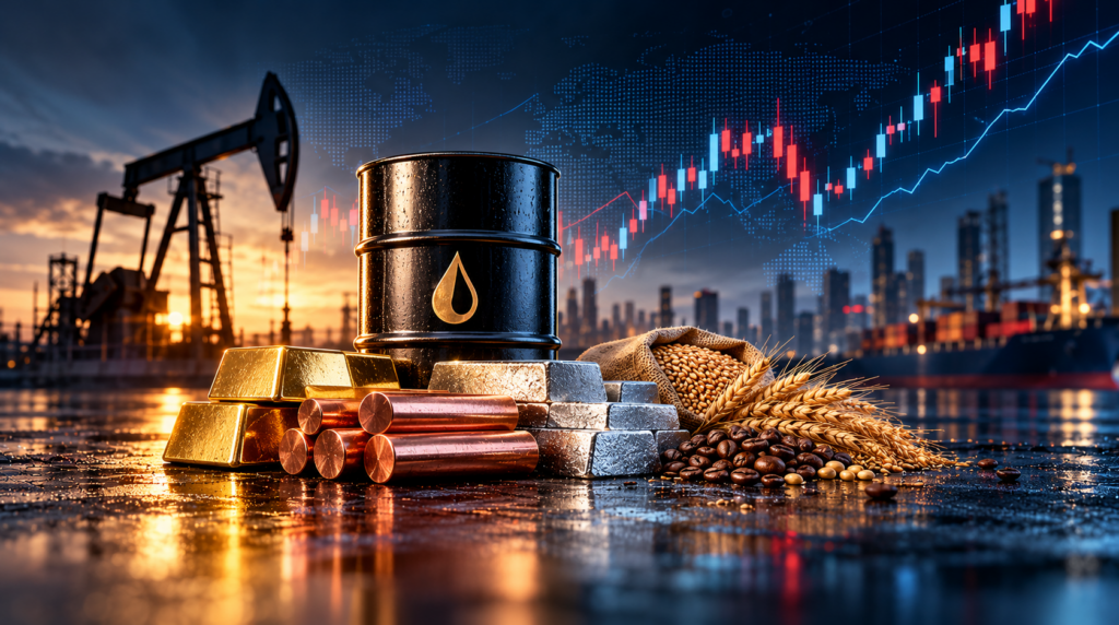 Financial illustration featuring oil, gold and industrial metals alongside market charts representing commodity prices and company profitability.